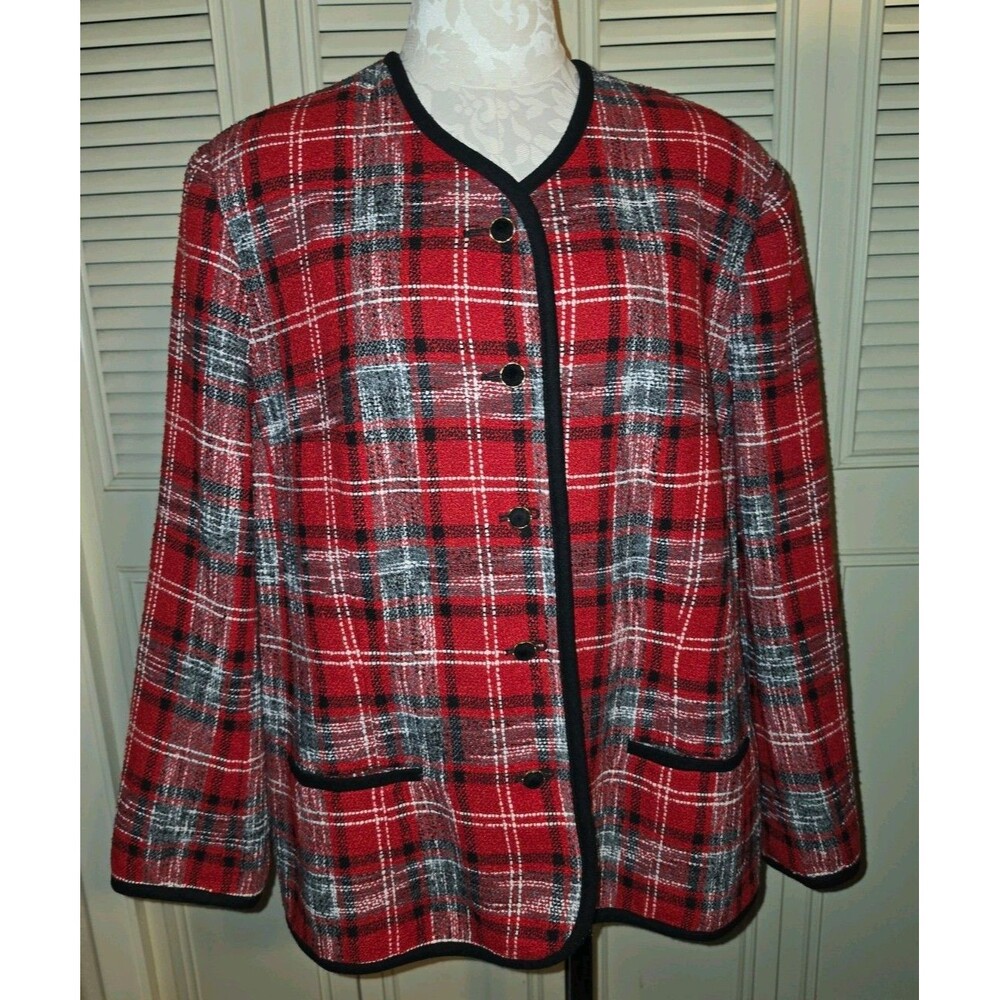 Vtg Koret Red Plaid Wool Blend Blazer Jacket 22W velvet button retro holiday